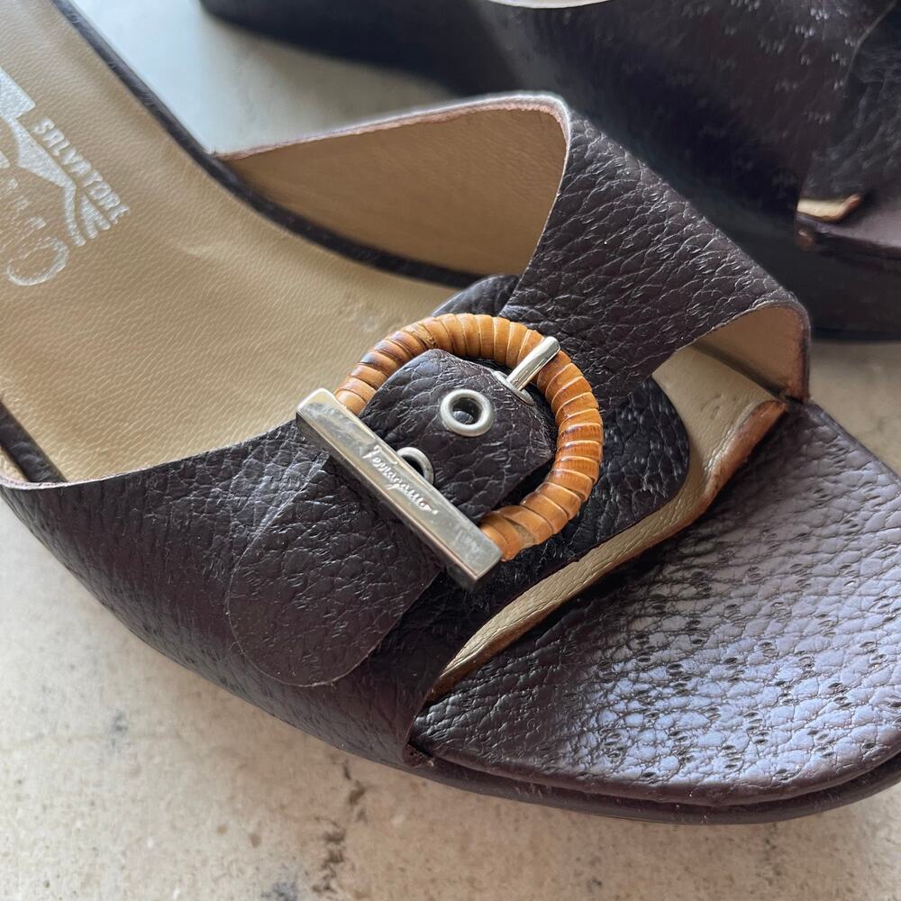 Salvatore Ferragamo Vintage Brown Leather Buckle Wedges Sandals Women's Size 8.5 - Picture 11 of 16